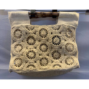 Zara Woman Cream Crochet Bamboo Handle Tote Bag Boho Floral Summer Beach New NWT